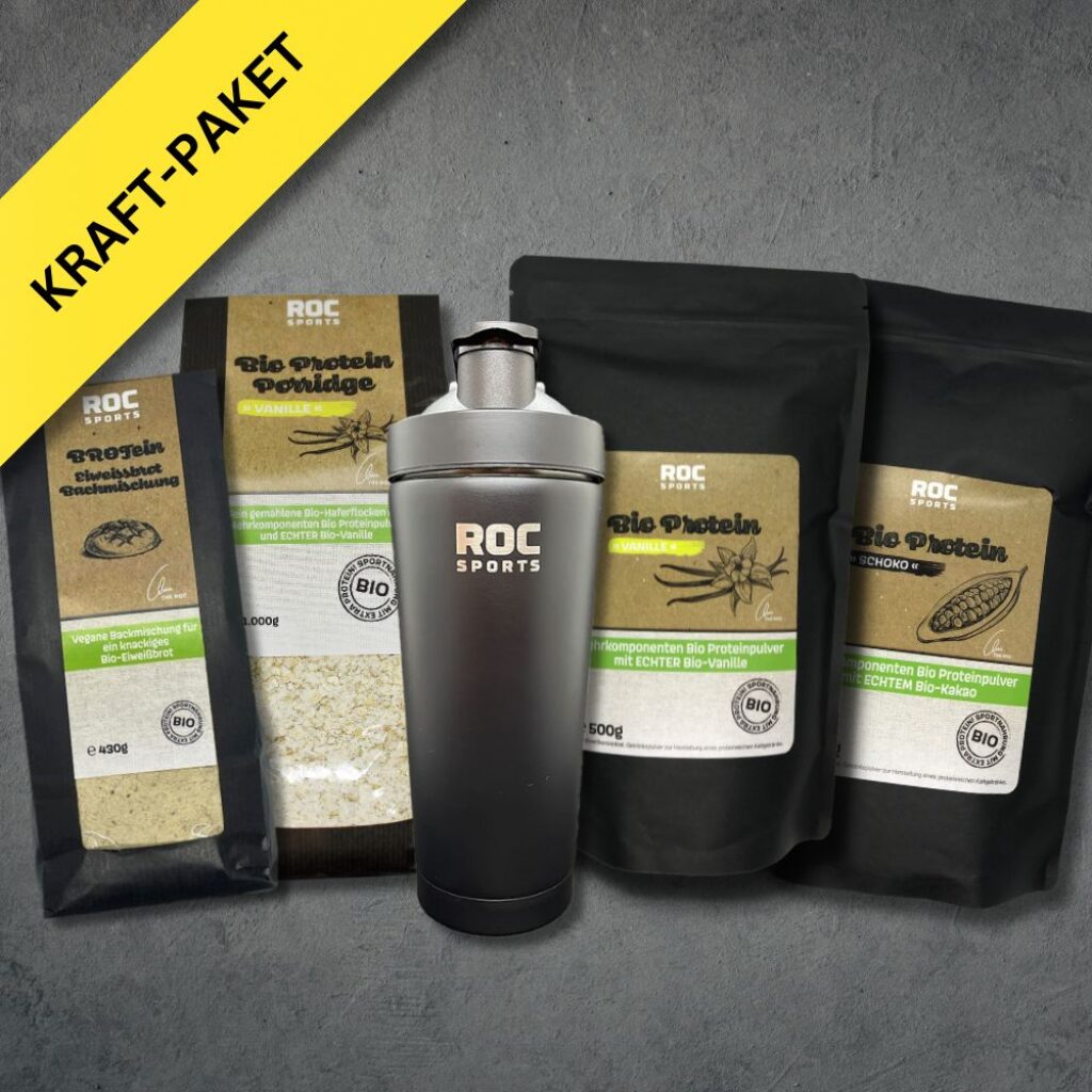 Kraft-Paket: Protein-Brotbckmischung, Protein-Porridge, Protein-Pulver, Thermos-Shaker